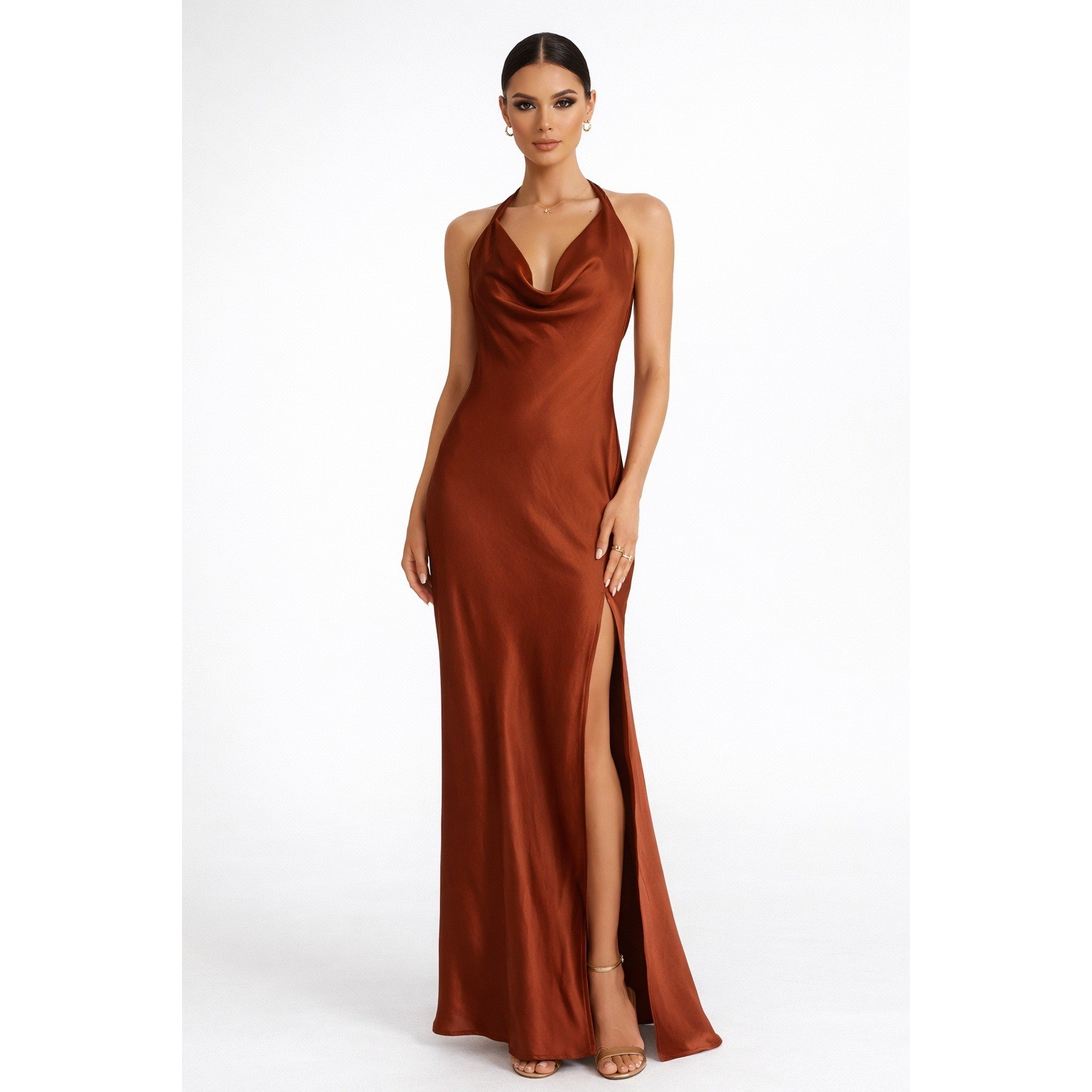 Billy J Sian Maxi Dress Rust Satin Cowl Neck Tie Back Formal Gown Size 10 NEW