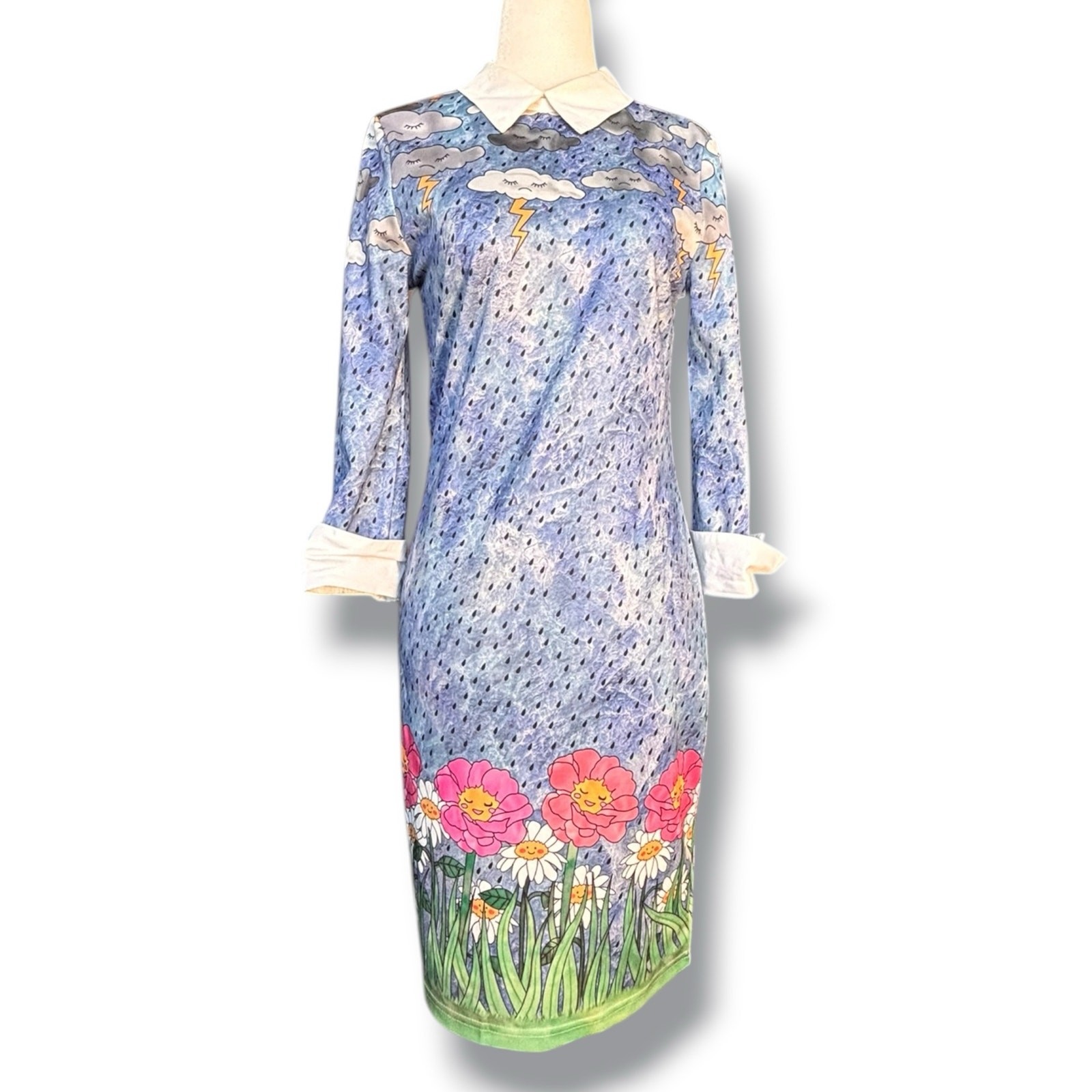 SHEIN X Dash of Pep Sad Rain Happy Flowers Collared Midi Dress Peter Pan Collar