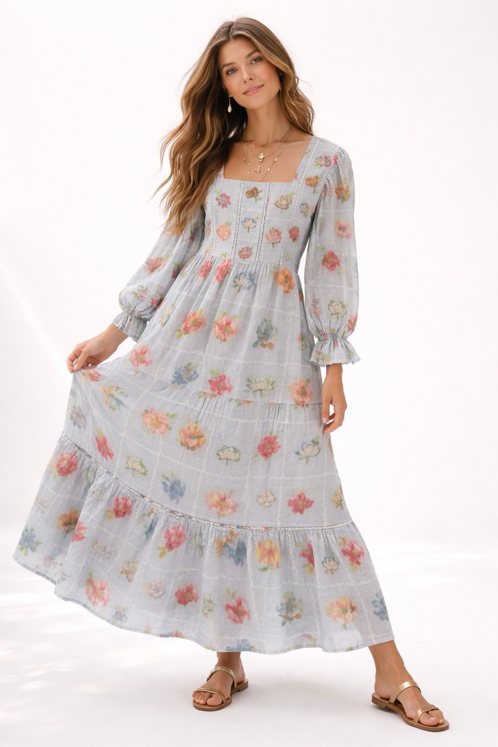 EMBROIDERED COTTAGECORE maxi dress floral LARGE colorful tiered smocked romantic