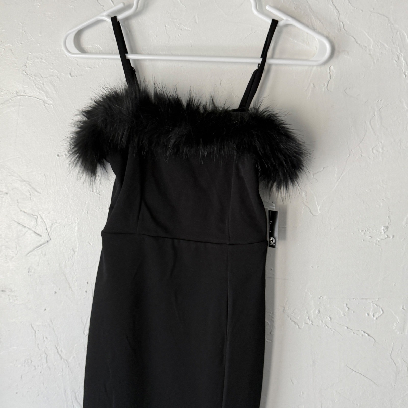 Planet Gold NWT Black Bodycon Dress with Feather Trim Cocktail Party Dress Fuzzy