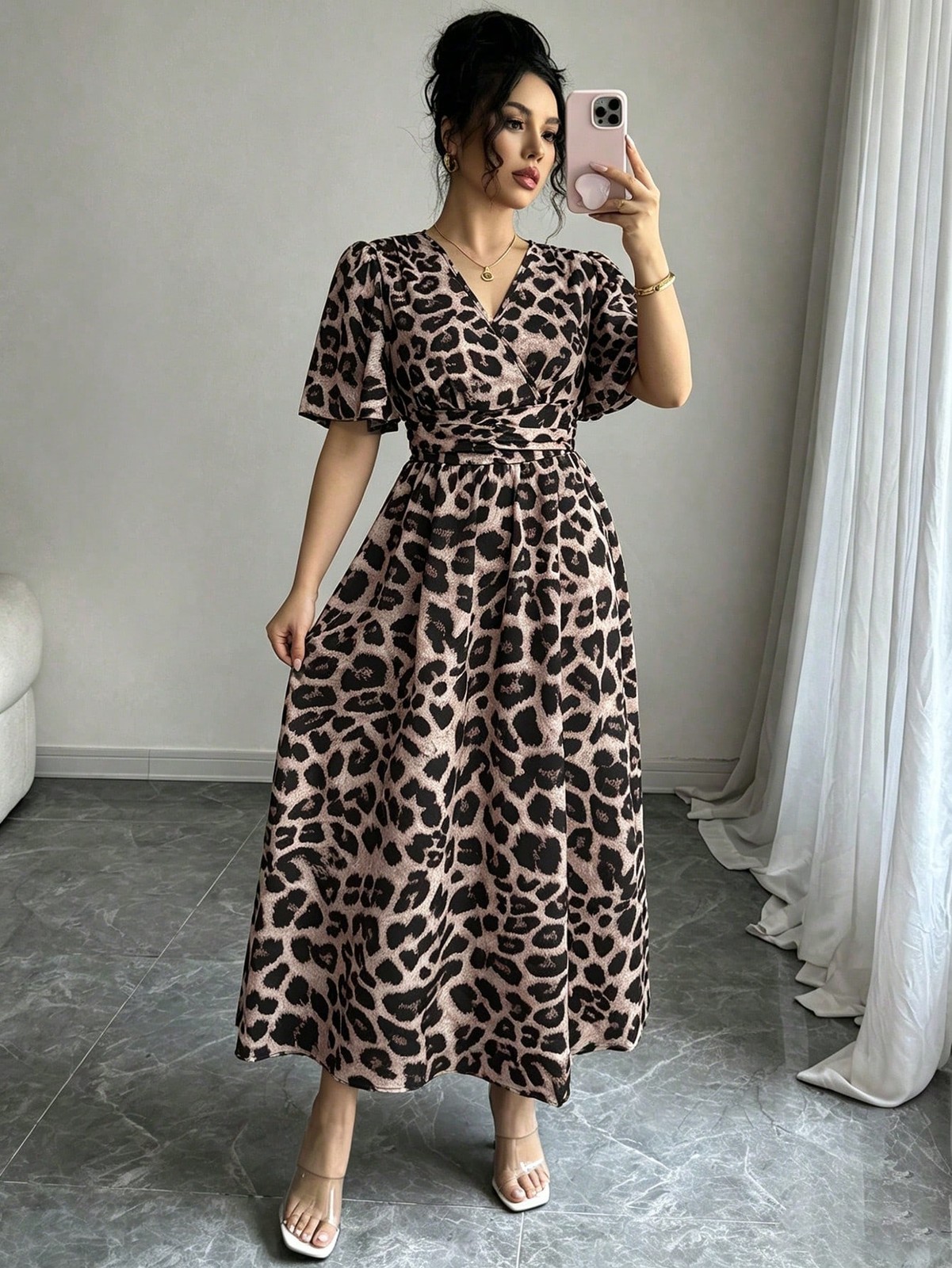 Elegant Polka Dot Pattern V Neck Midi Dress