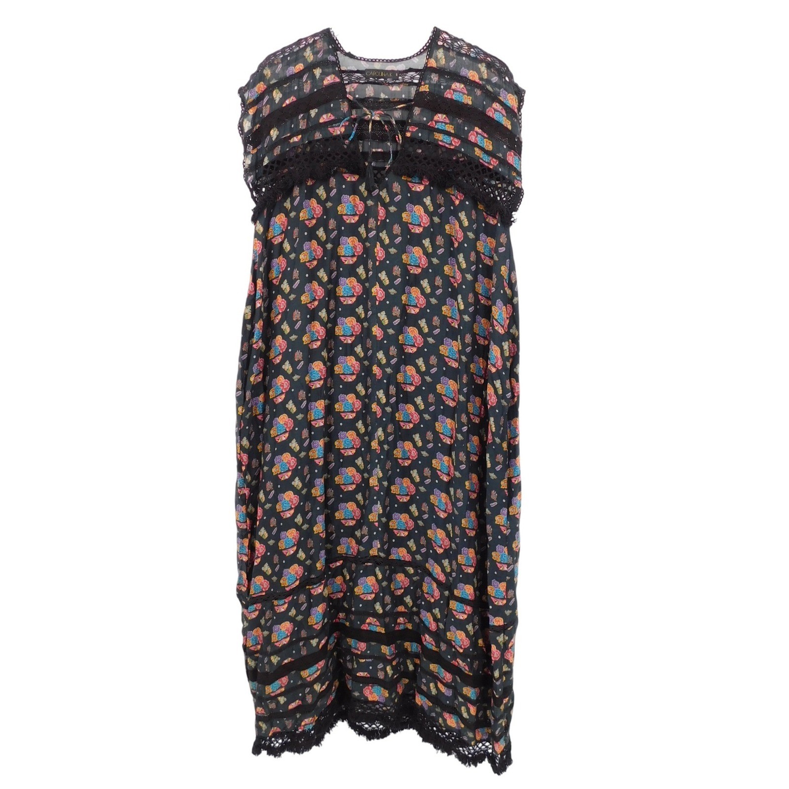 CAROLINA K Black Sabina Floral Print Lace Trim Maxi Dress Women’s Size S