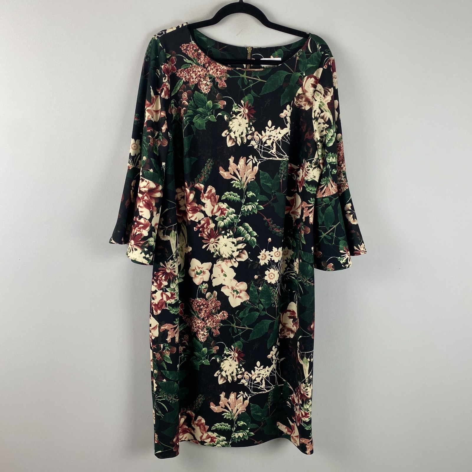 Calvin Klein Floral 3/4 Bell Sleeve Dress Womens 16W Black Scuba Cocktail