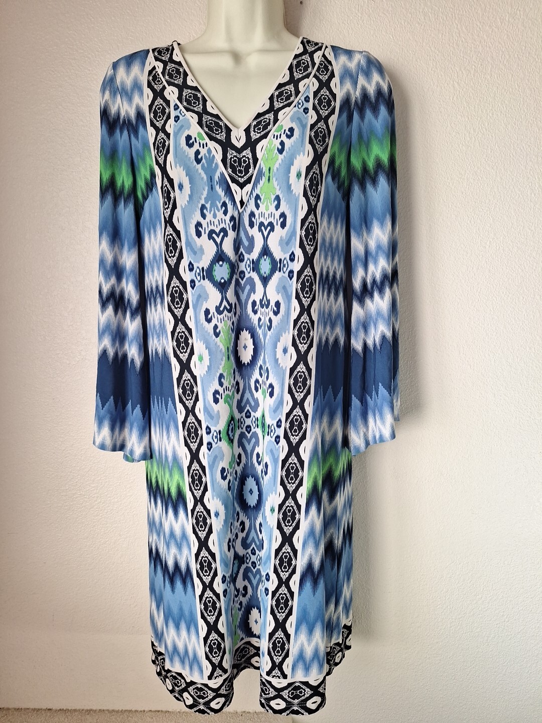 Maggy London Tunic Dress Size 2 Blue Abstract Flared Sleeve Aztec Tribal FLAWS