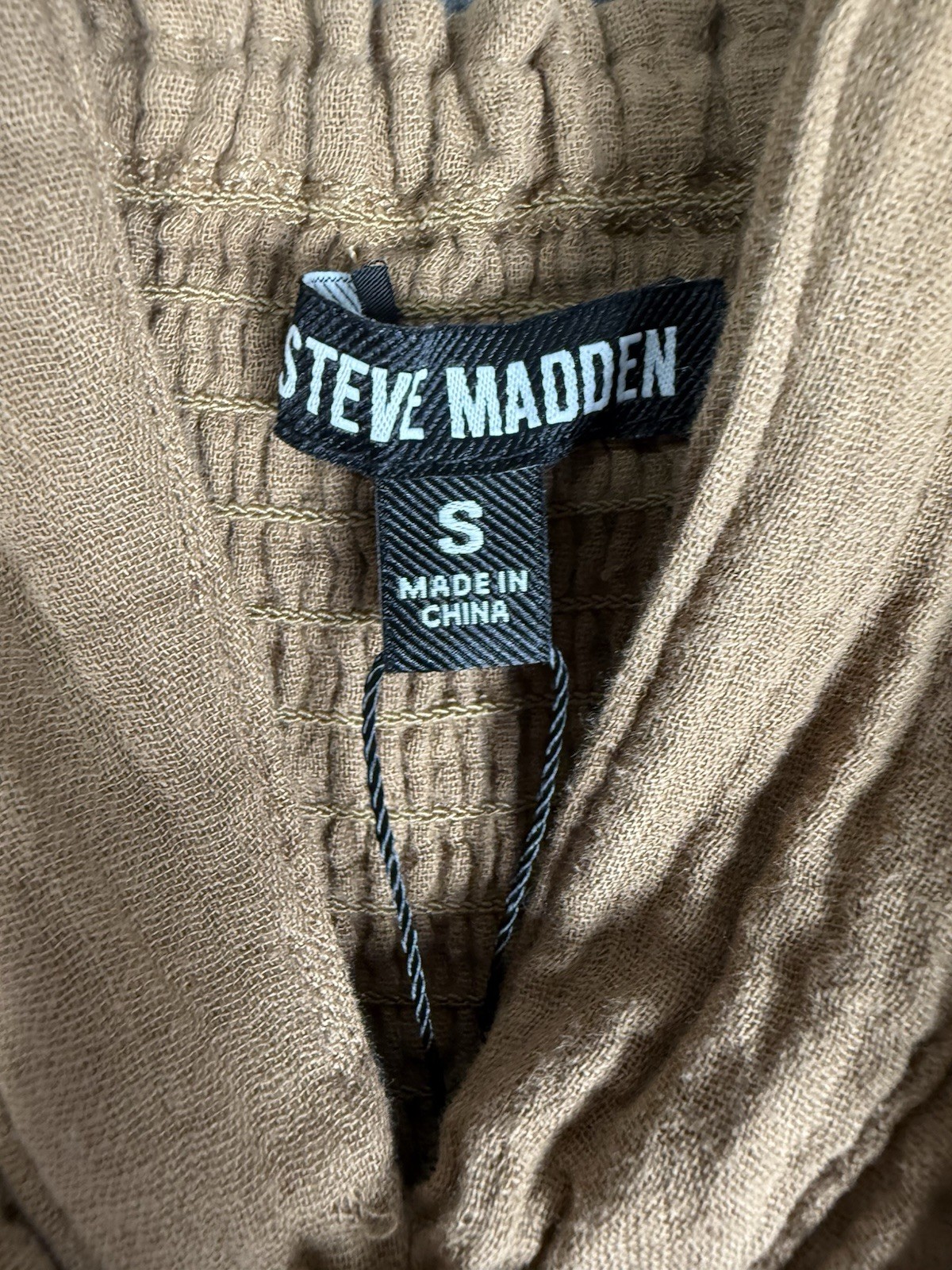 Steve Madden Amira Tiered Cotton Midi Dress Gauze Smocked Brown Tan Toast Size S