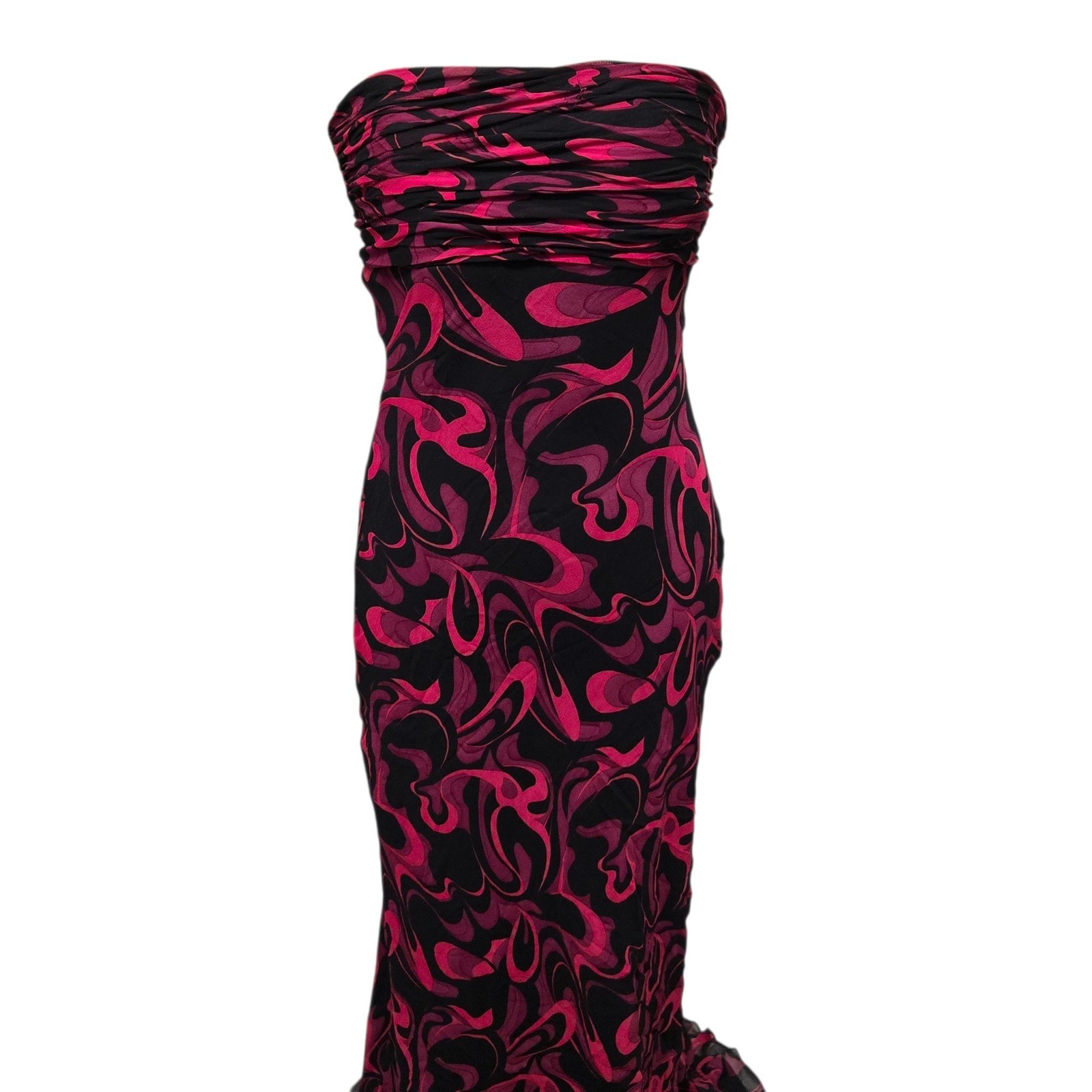 David Meister Gown Silk Strapless Column Dress Ruched Pink Black Sz 6 VTG Y2K
