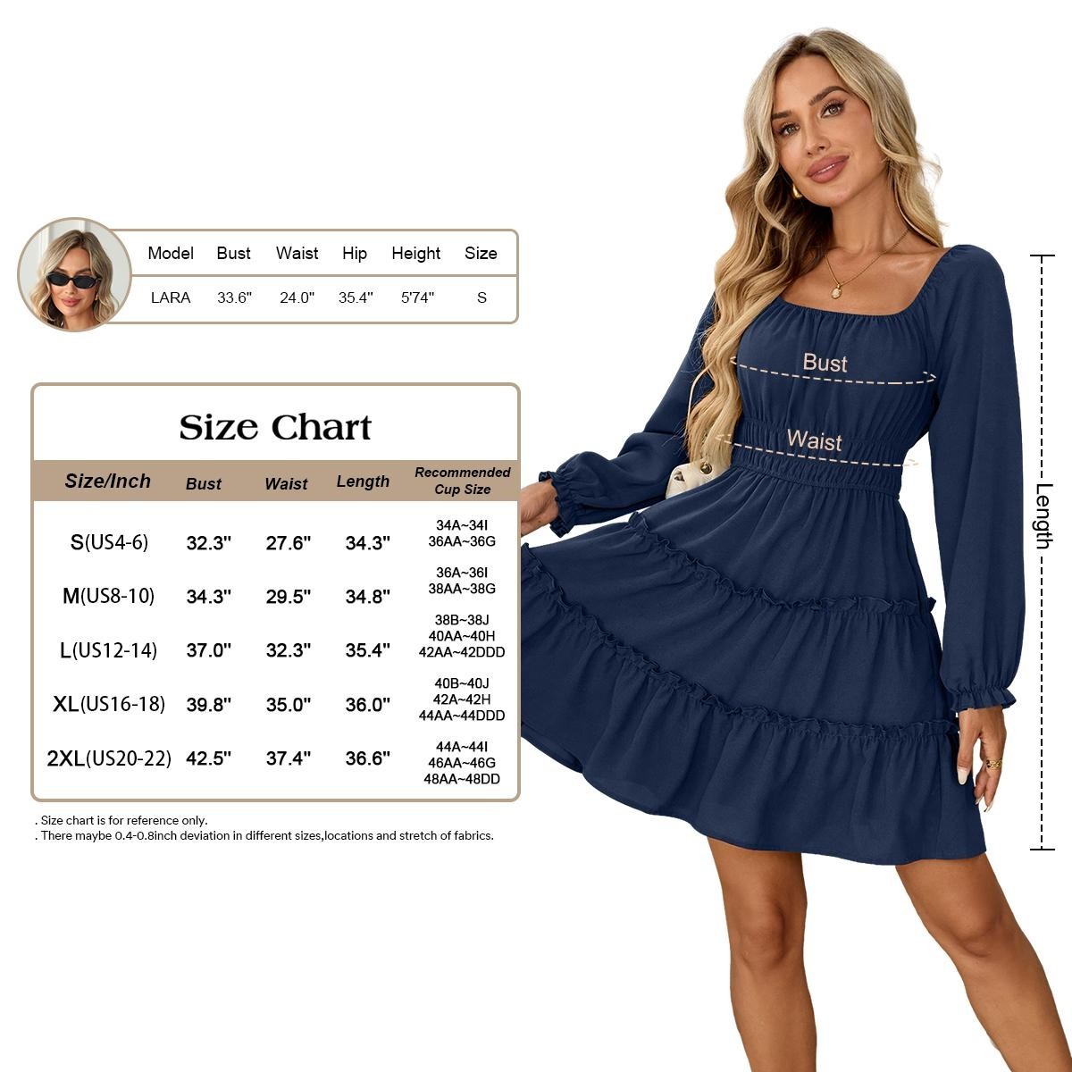 Chicovar Women’s Navy Blue Square Neck Boho Mini Dress Long Sleeve Size L