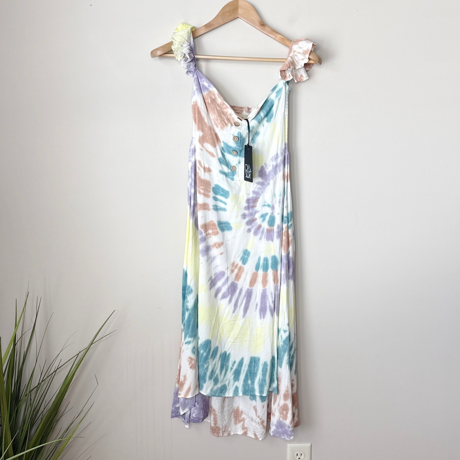 NWT Chaser Tie Dye Ruffle Off-Shoulder Button Front Midi Dress Womens Size Small