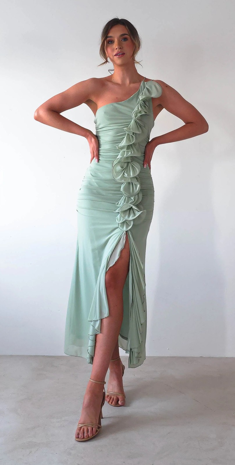 Romantic Sage Ruffled One-Shoulder Dress