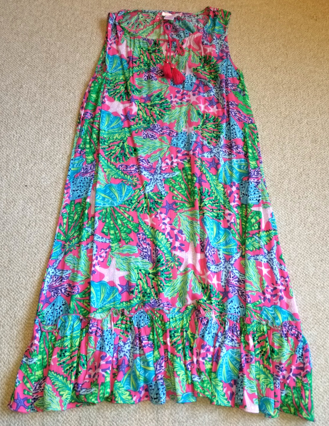 NWOT Womens Dress-STELLA PARKER-pink starfish gauzy ruffle Coastal Resort-M