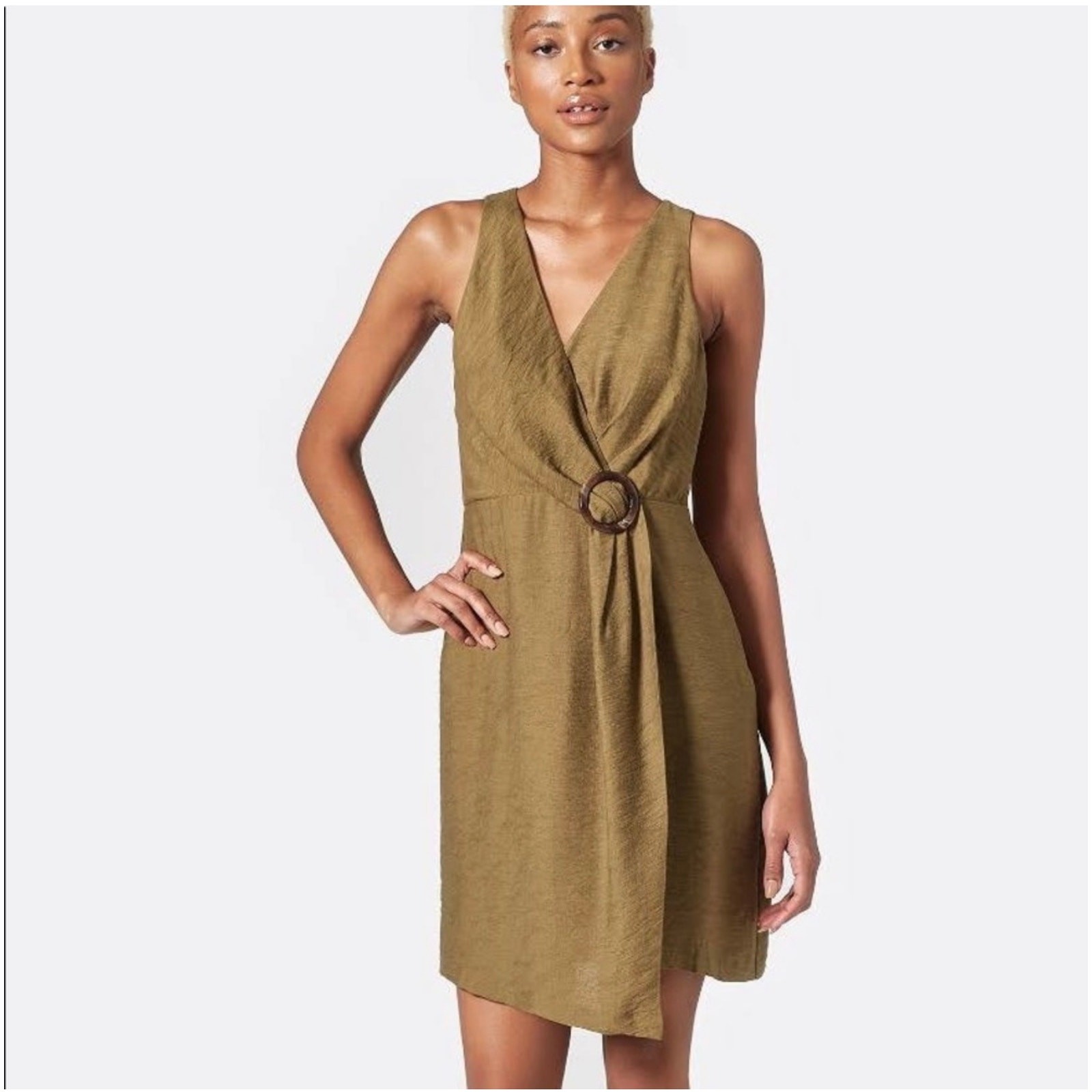 Joie Viara Olive Green Faux Wrap V Neck Sleeveless Dress 4
