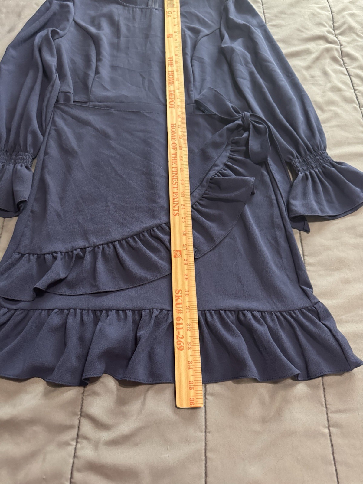 Weepinlee Navy Blue Long Sleeve Ruffle Faux-Wrap Mini Dress – Size M
