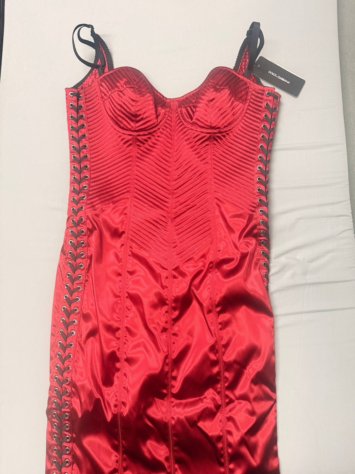 Dolce & Gabbana red Corset satin ruched strapless corset gown fishtail hem Sz 42