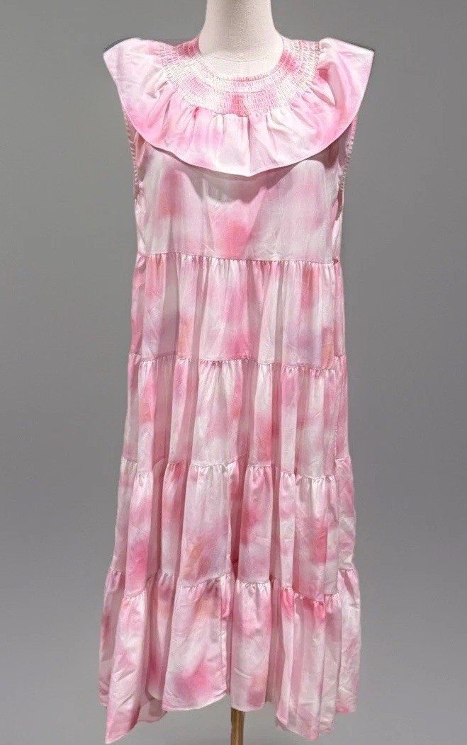 Women’s Sunday Up Pink Tie Dyed Tiered Smocked Sleeveless Cool Beach Sundress M