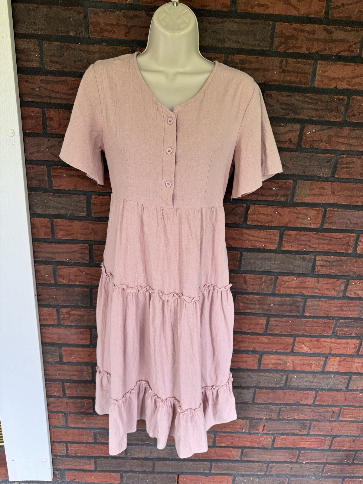 Beige Ruffle Hem Dress Small Button Short Flutter Sleeve Linen Like 100% Cotton