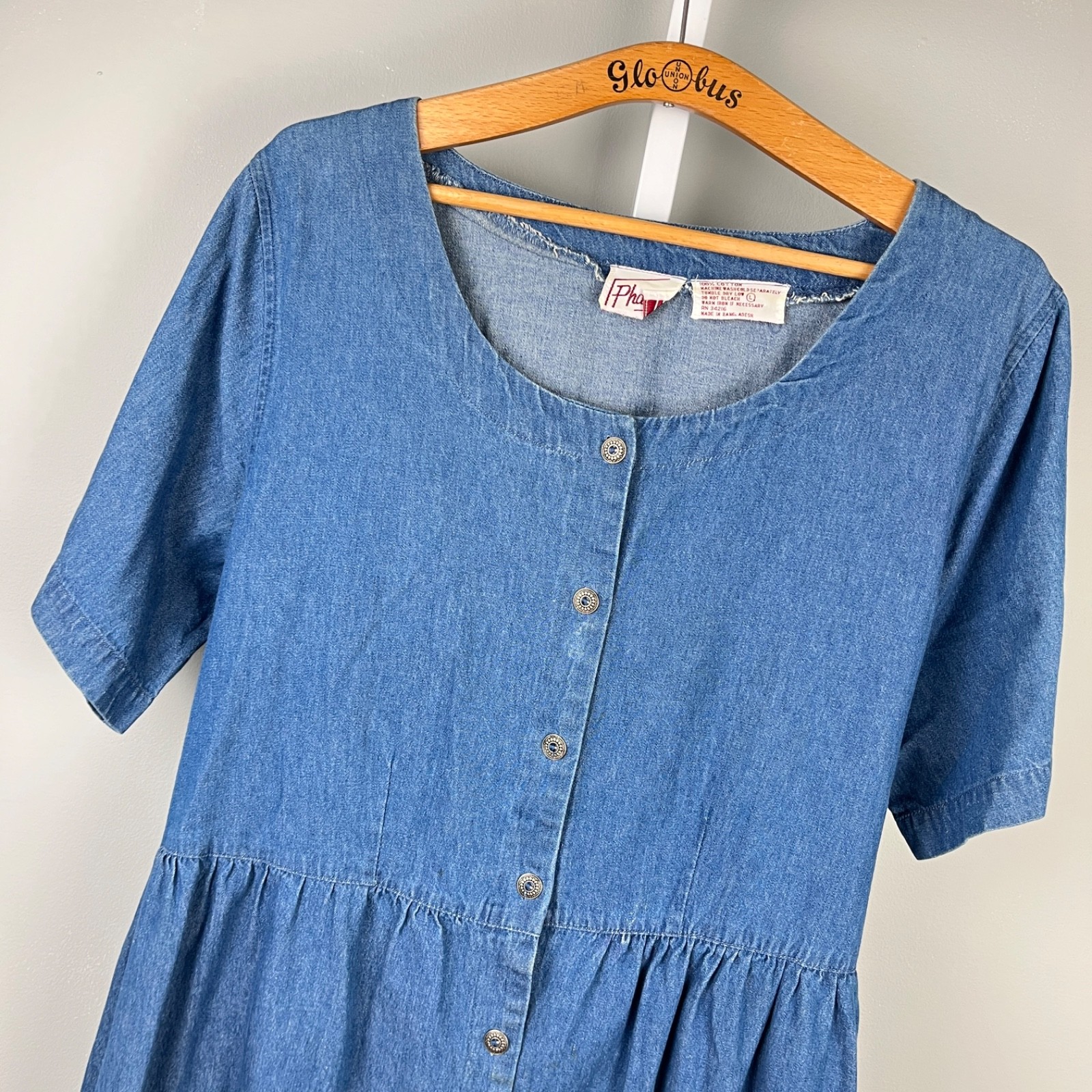 Vintage 80s 90s Phases Denim Dress Womens L Boho Western Granny Retro