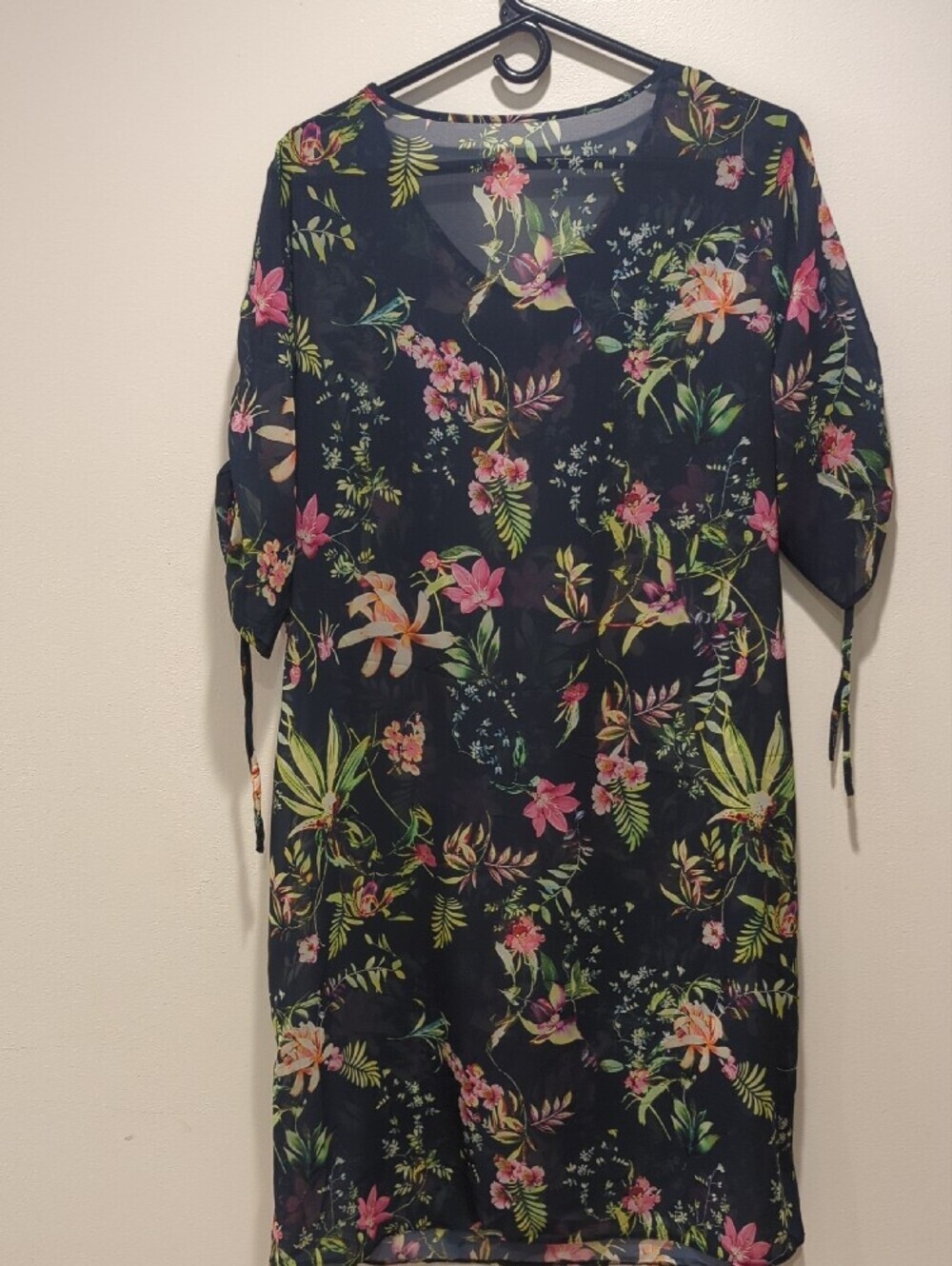 Floral V-Neck Shift Dress – Navy with Pink & Green Floral