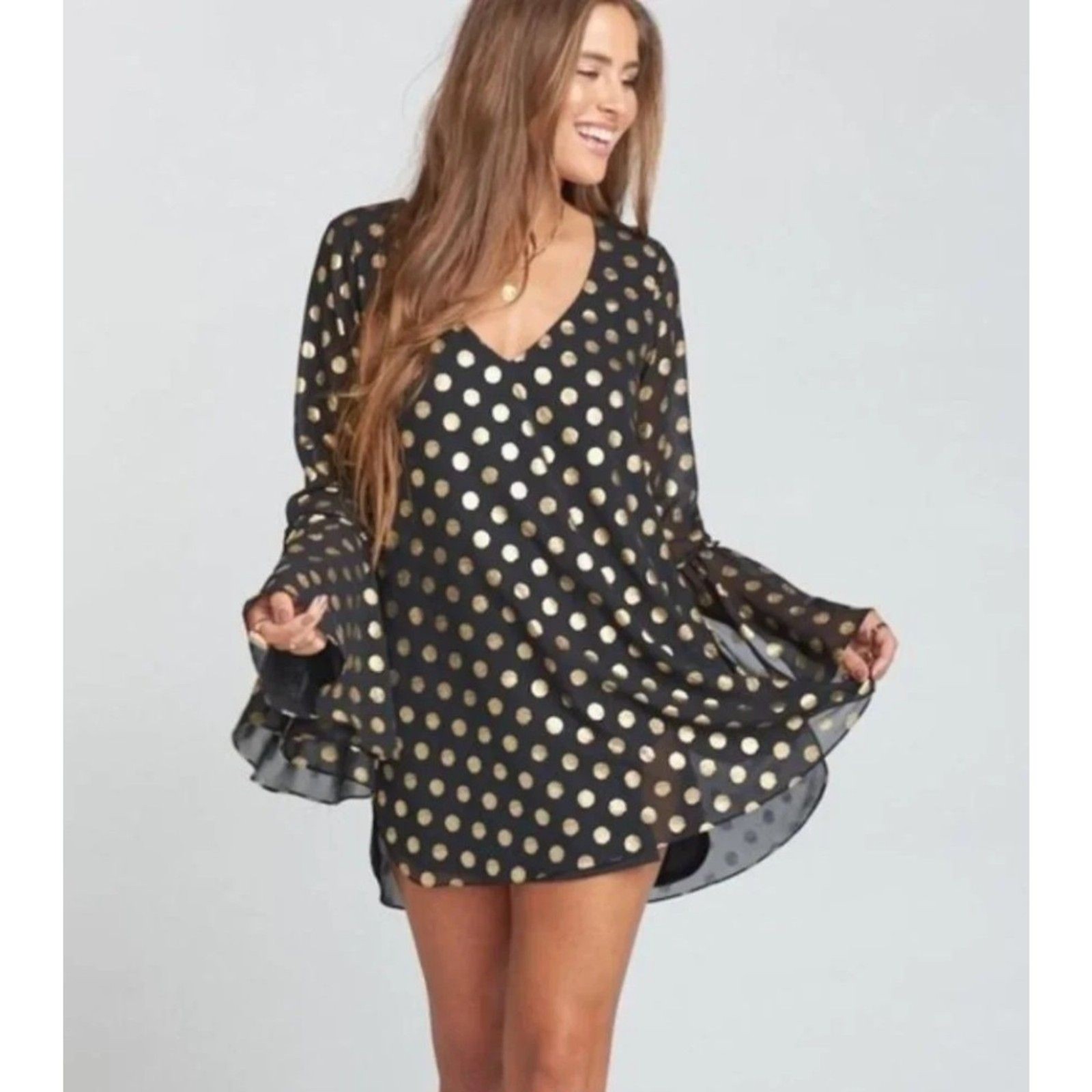 Show Me Your Mumu Black and Gold Polka Dot Boho Chic Women’s Dress | SZ Small