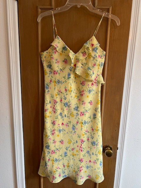 Ralph Lauren Vintage Dress Small Yellow Floral Ruffle Rayon Lined Bias Cut Lined