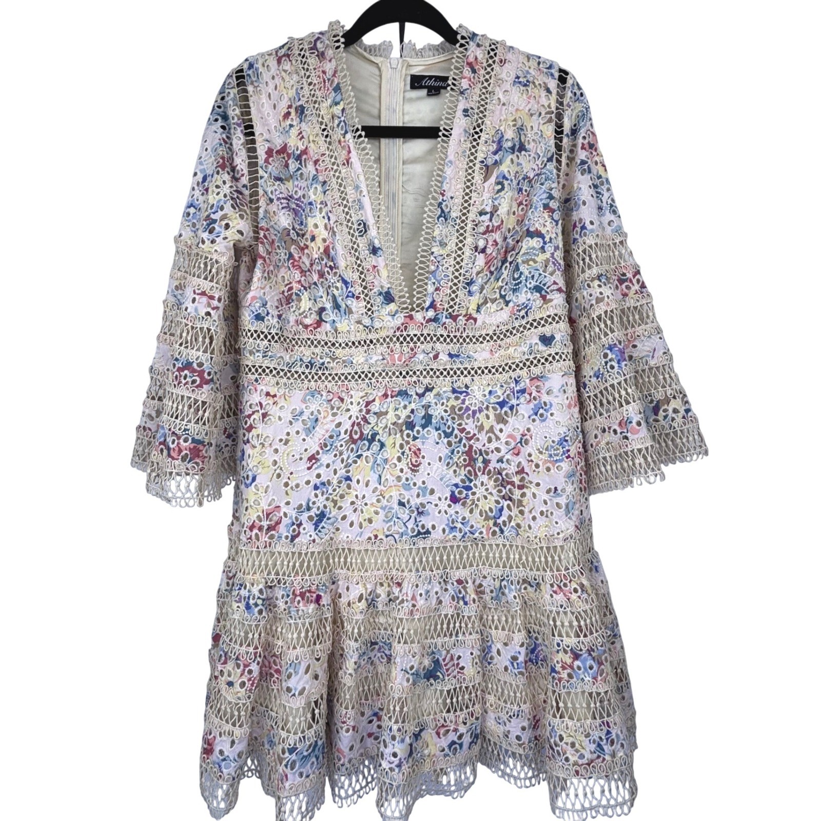 Floral Crochet Lace Eyelet Ruffle Tiered Mini Dress 3/4 Bell Sleeves Athina Sz L