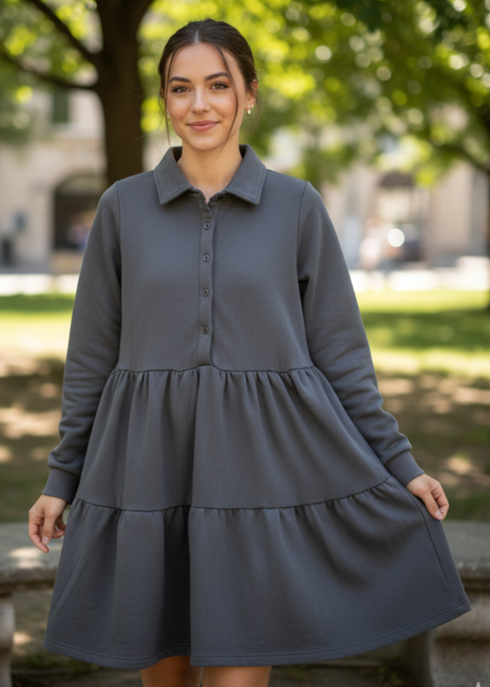 Natural Life Sylvan Sweatshirt Dress Womens M Charcoal Cotton Tiered Button Down