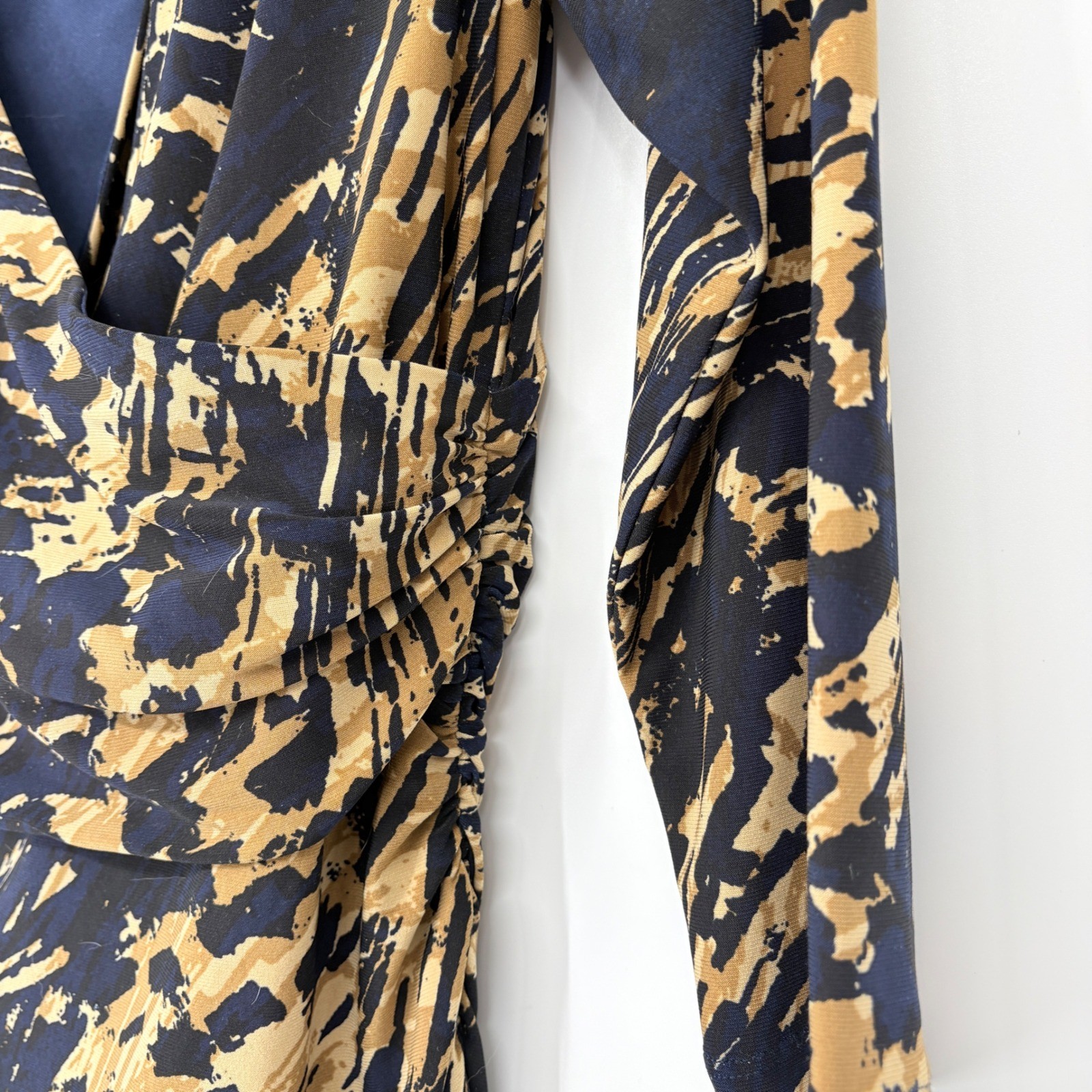 American Living Navy Blue Gold Abstract Print Ruched Faux Wrap Sheath Dress 10