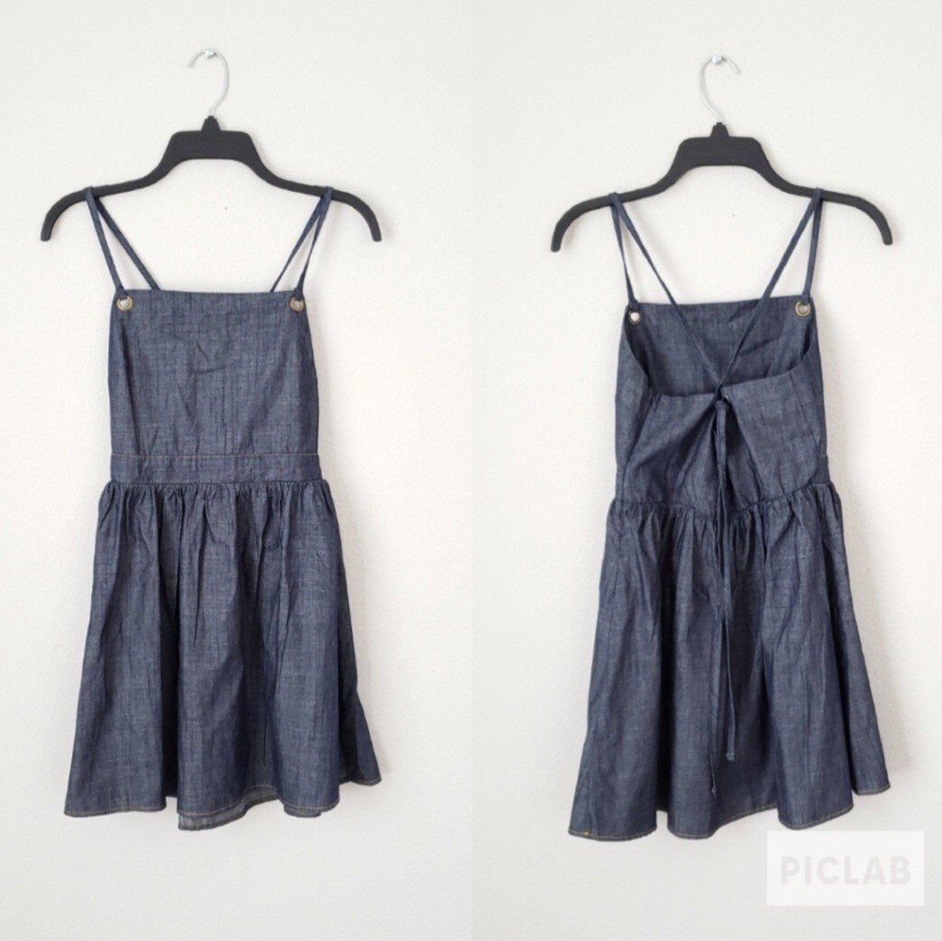 Belle Du Jour Sz S Blue Lightweight Cotton Chambray Fit Flare Apron Dress