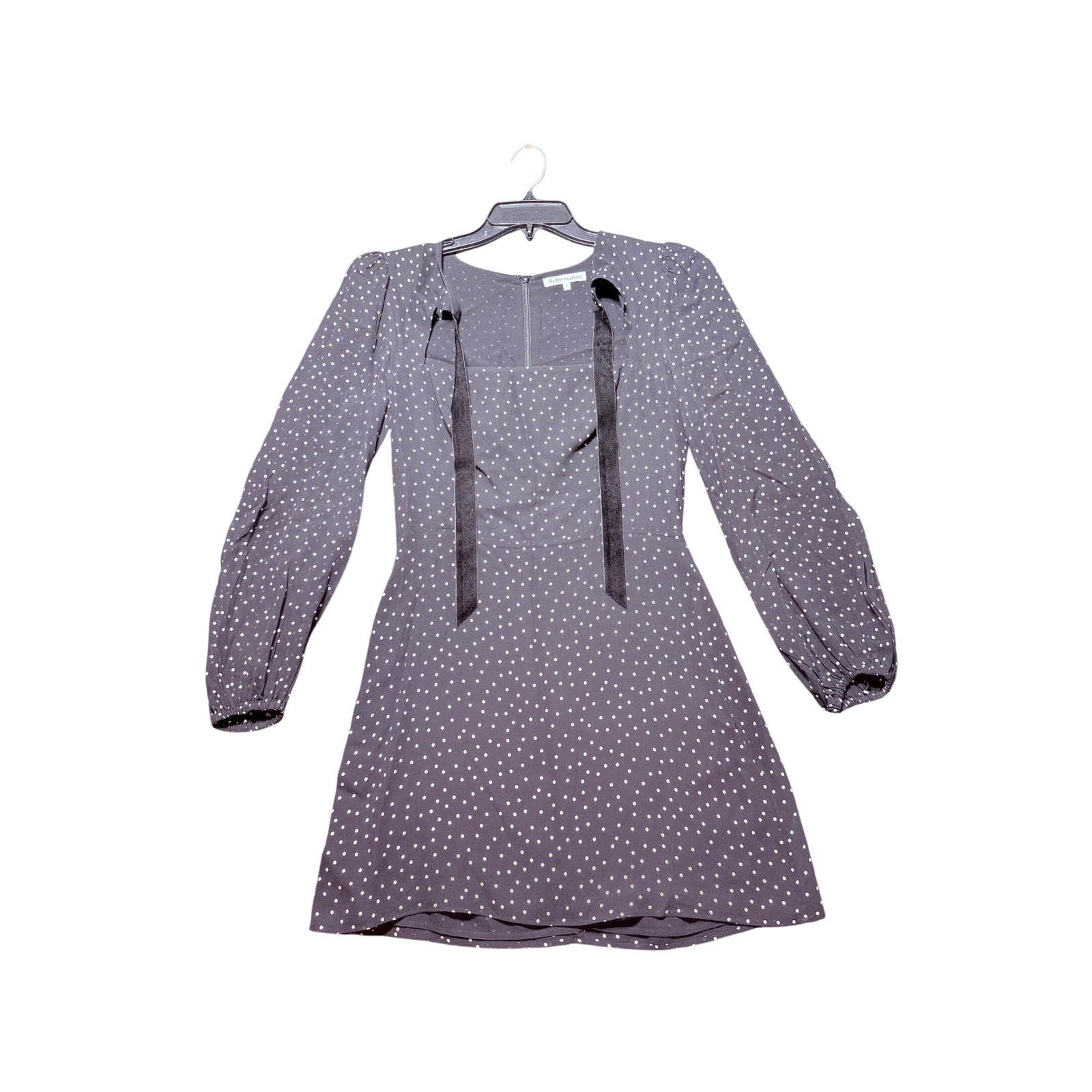 Reformation Cassi Dress Women 6 Black Excellent Polka Dot Velvet Tie Mini