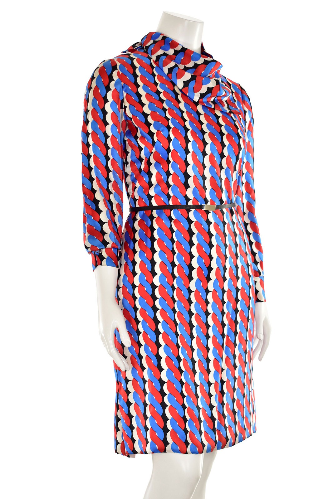 Vintage Adele Simpson 70’s 100% Silk Graphic Print Sheath Dress w/ Scarf sz 8/10