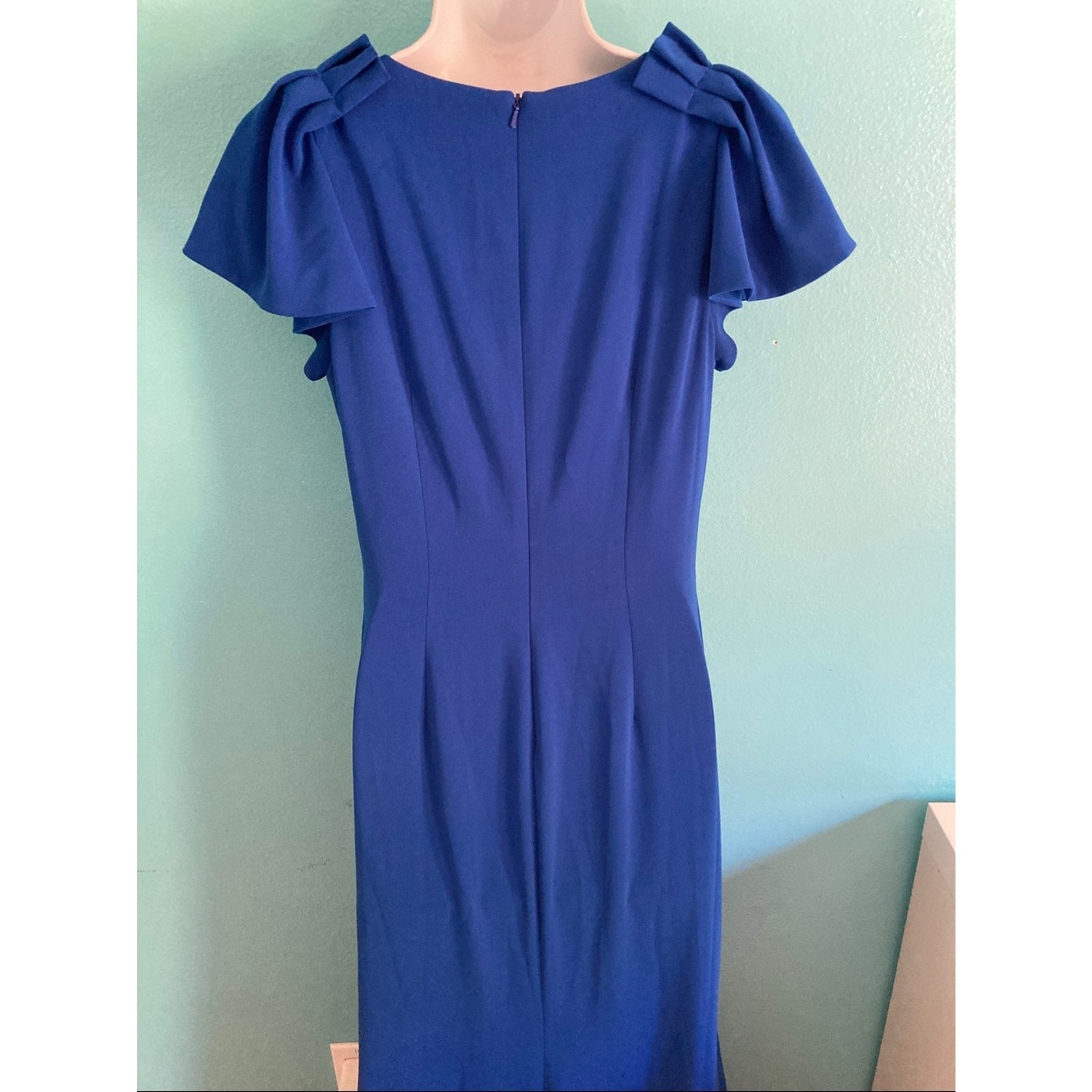 Badgley Mischka Size 8 Royal Blue Crepe Evening Gown Ruffle Sleeve