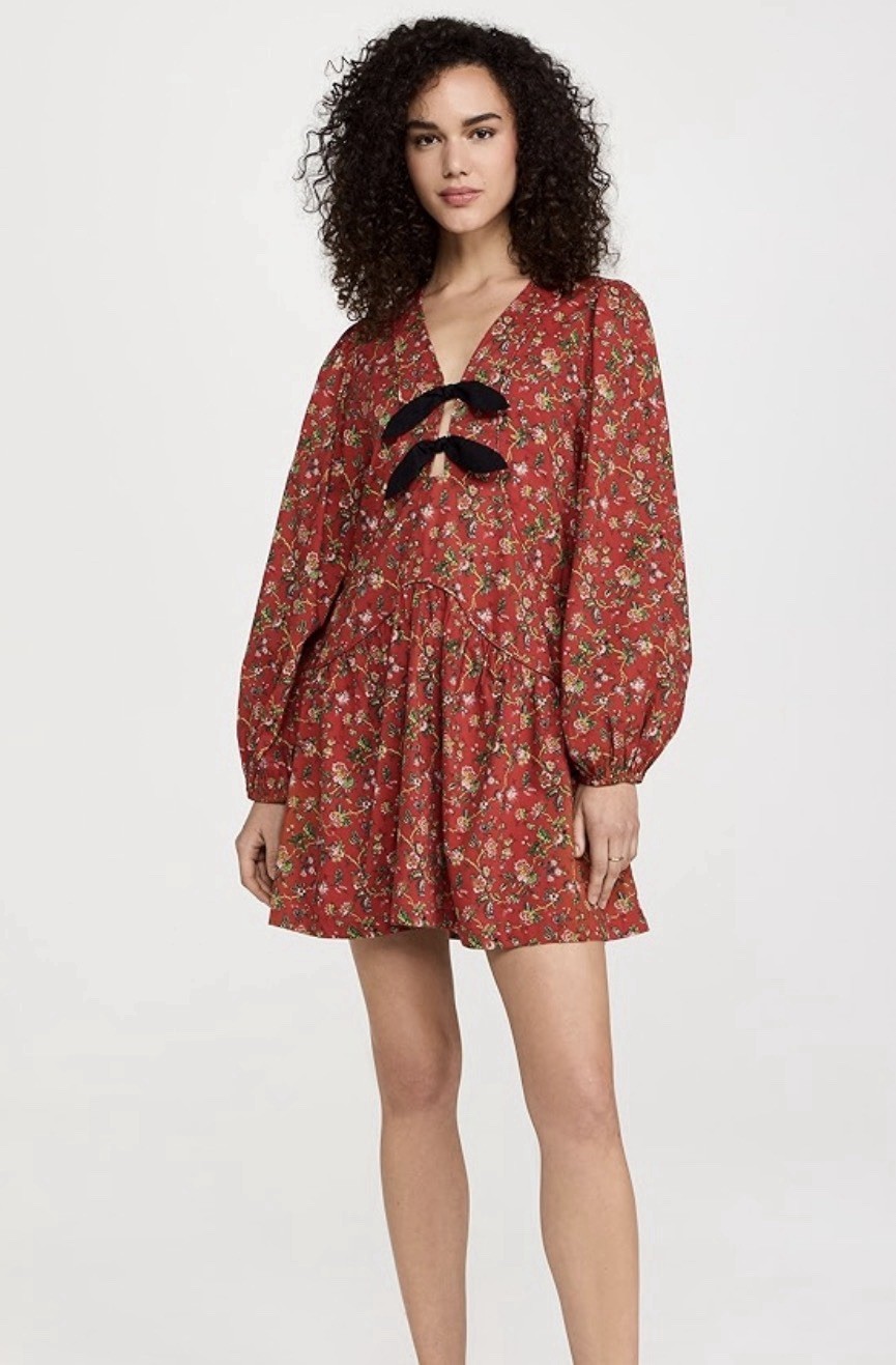 RHODE Annette Dress Mini Red Floral Size Small Bows Balloon Sleeve Cotton