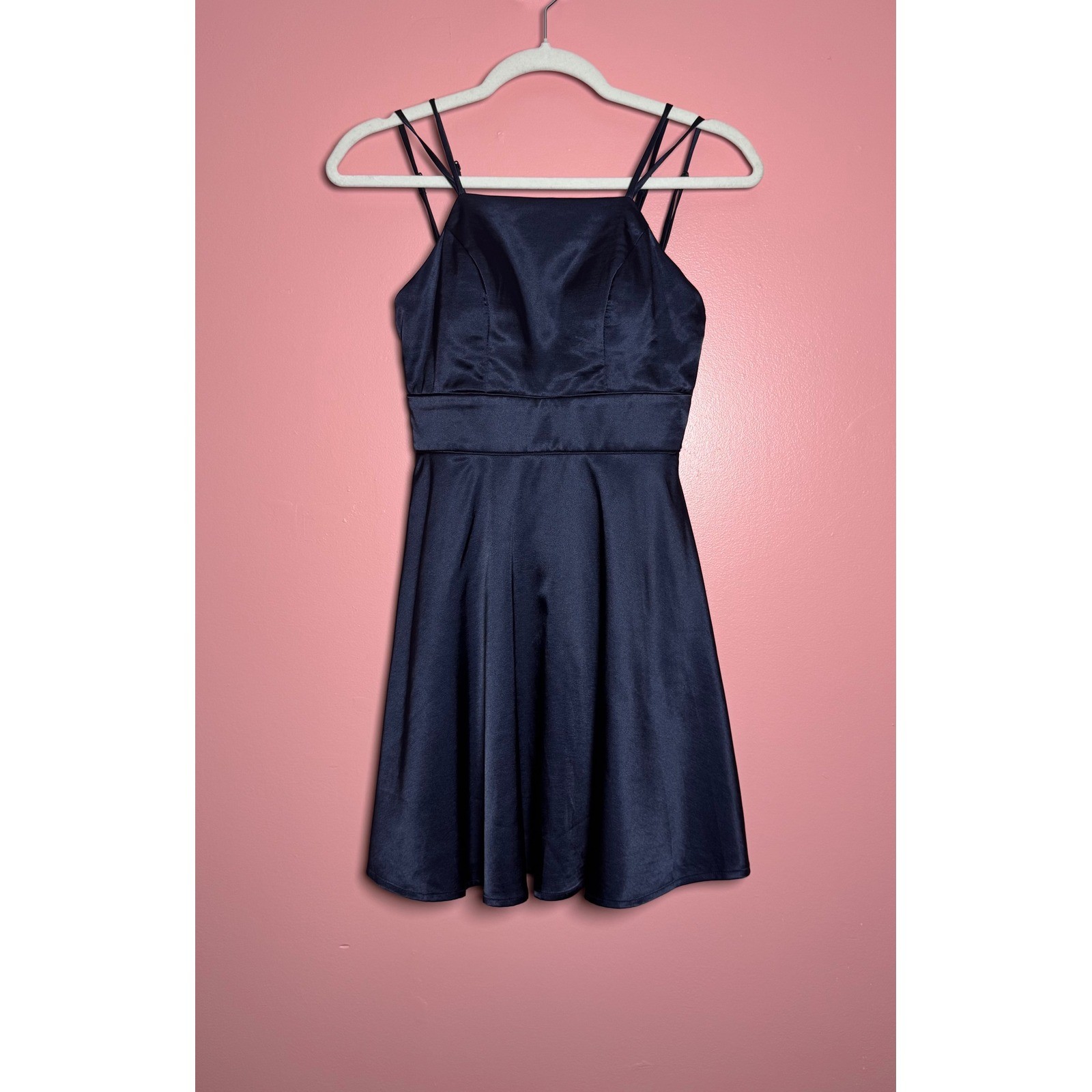 Sequin Hearts Skater Dress Womens 1 Navy Blue Satin Square Neck
