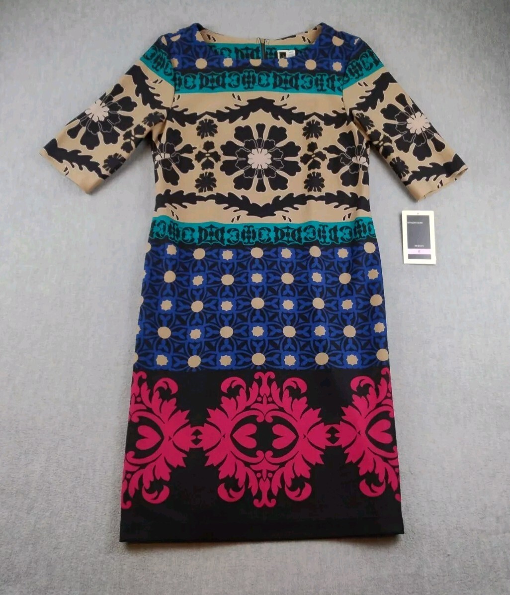 Julian Taylor Dress Pencil A Line Womens 6M Berry Teal Floral Stretch New NWT