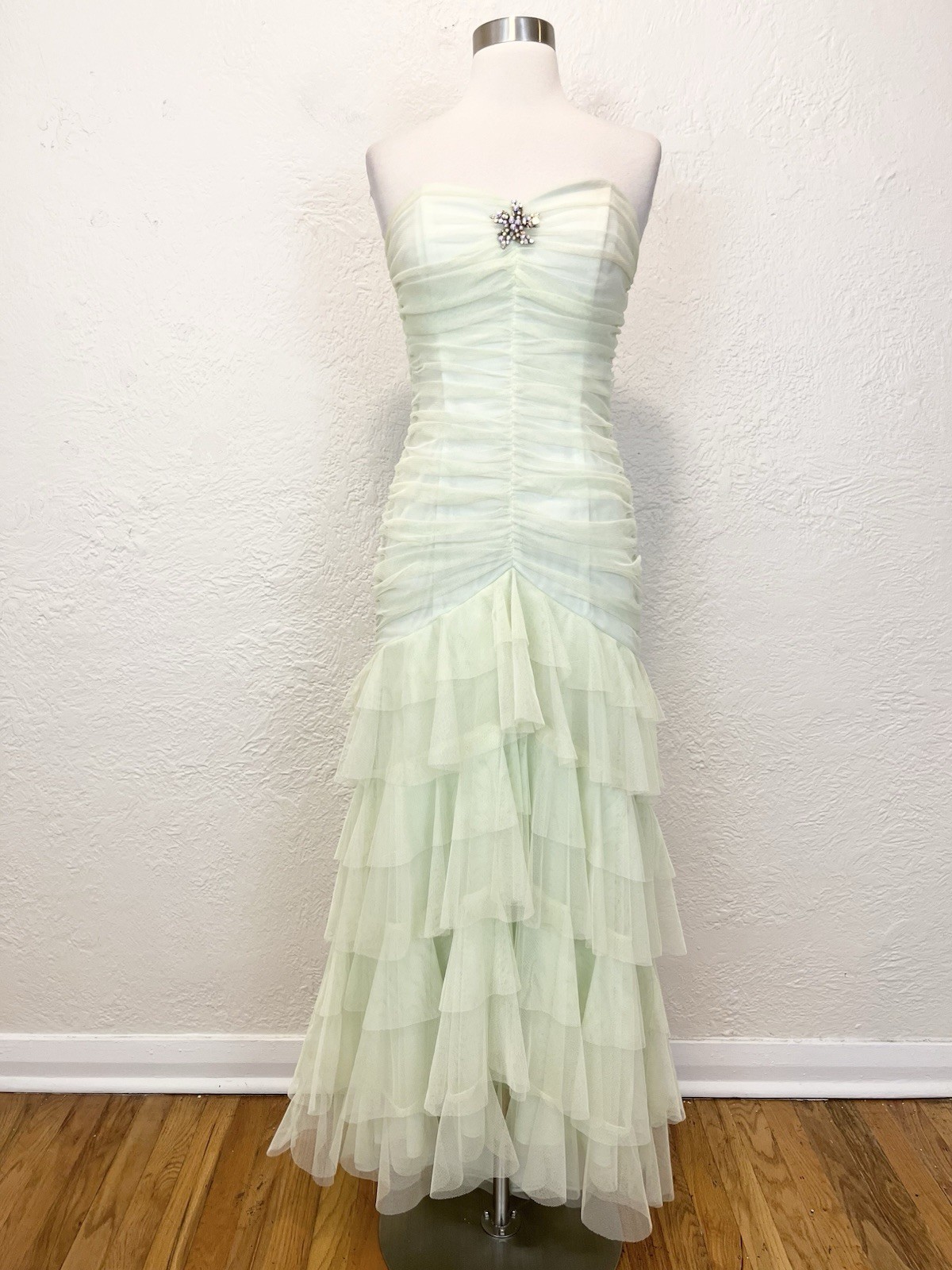 Vintage Jessica McClintock Dress Mesh Ruffle Light Green Fairy Mermaid XS 6