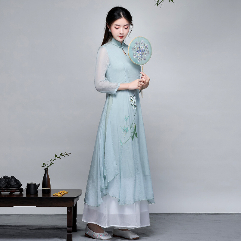 Ethnic Style Summer Chinese Female Stand-Up Collar Improved Cheongsam Dress