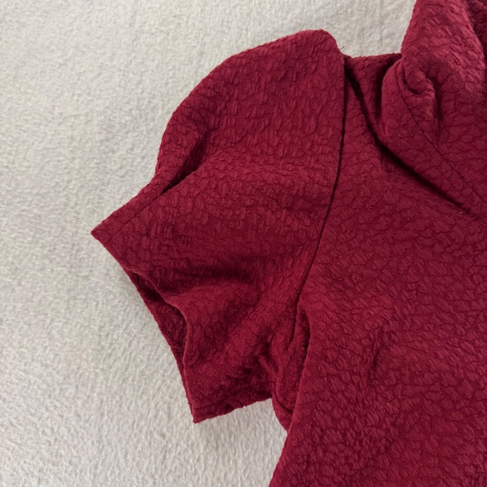 Burgundy Textured Cowl Neck Shift Dress Womens L Red Puff Sleeve Pintuck Exc