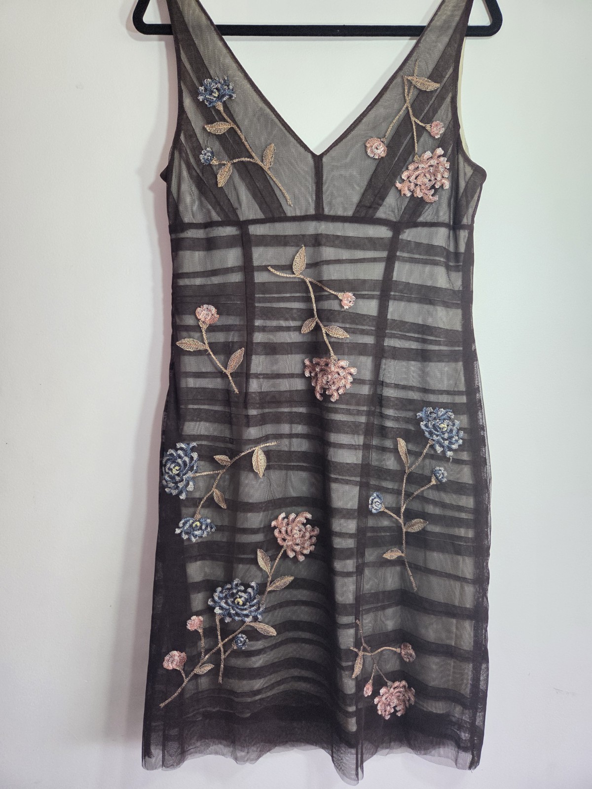 BASQUE Size 12 Brown Mesh Floral Embroidered A-Line Sleevess Dress