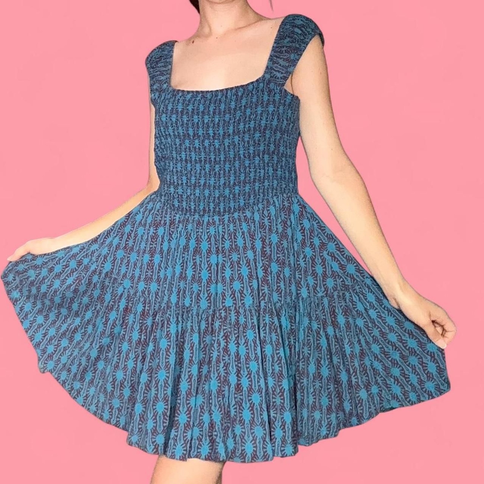 Free People Sweet Annie Blue & Burgundy Tiered Mini Dress with boho pattern