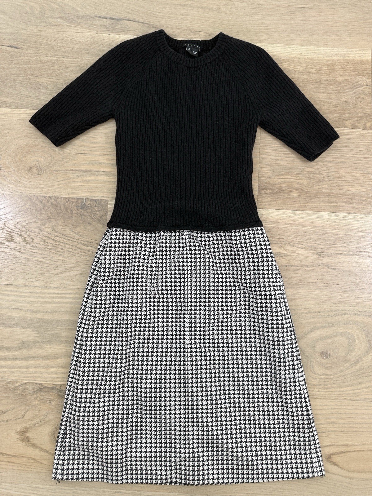 Theory Black White Houndstooth Crew Neck Half Sleeve Sheath Knee Dress P