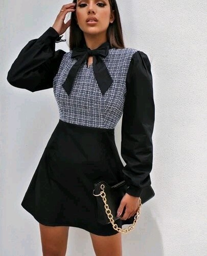 womens Shein Size Medium EU 38 US 6 Gingham Tie Neck A-Line Dress