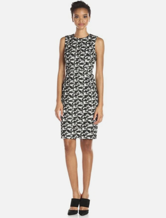 Calvin Klein Size 14 Black White Abstract Jacquard Sheath Dress Gold Zipper