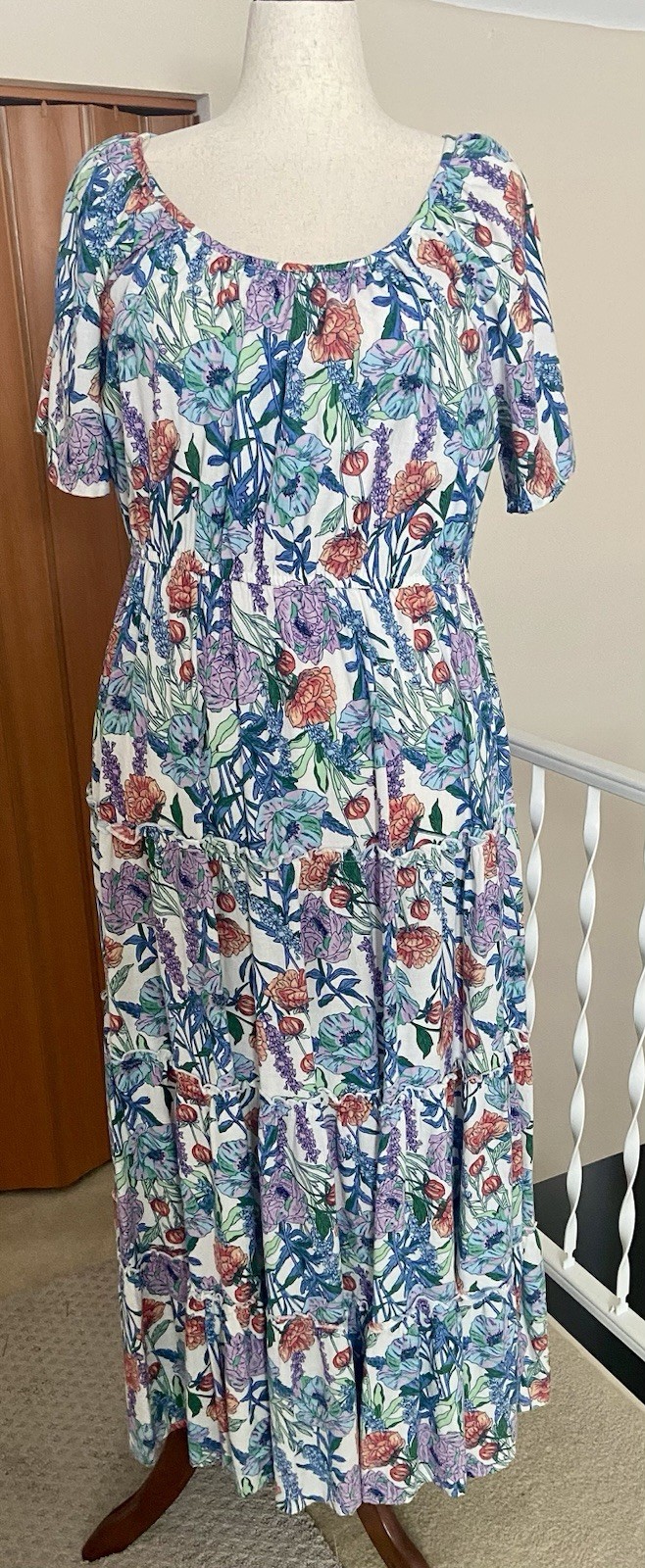 ST. John’s Bay x-large cotton linen 4 tiered white floral prairie maxi drees+