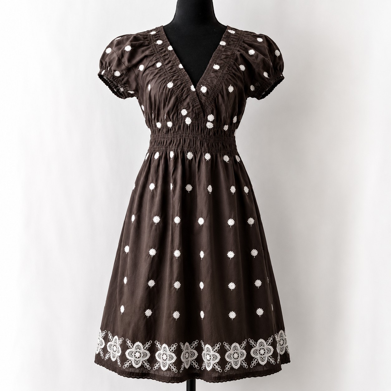 Cute Options Brown Boho Peasant Dress Women’s L White Embroidered Puff Sleeve Y2
