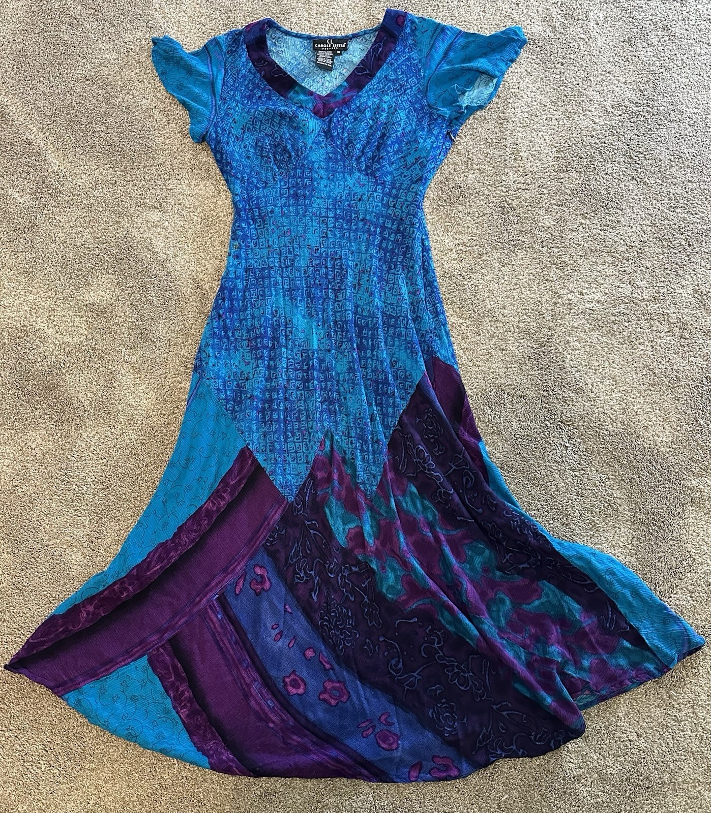 Vintage Carole Little Patchwork Maxi Dress Size 10 Blue Purple Short Sleeve Boho