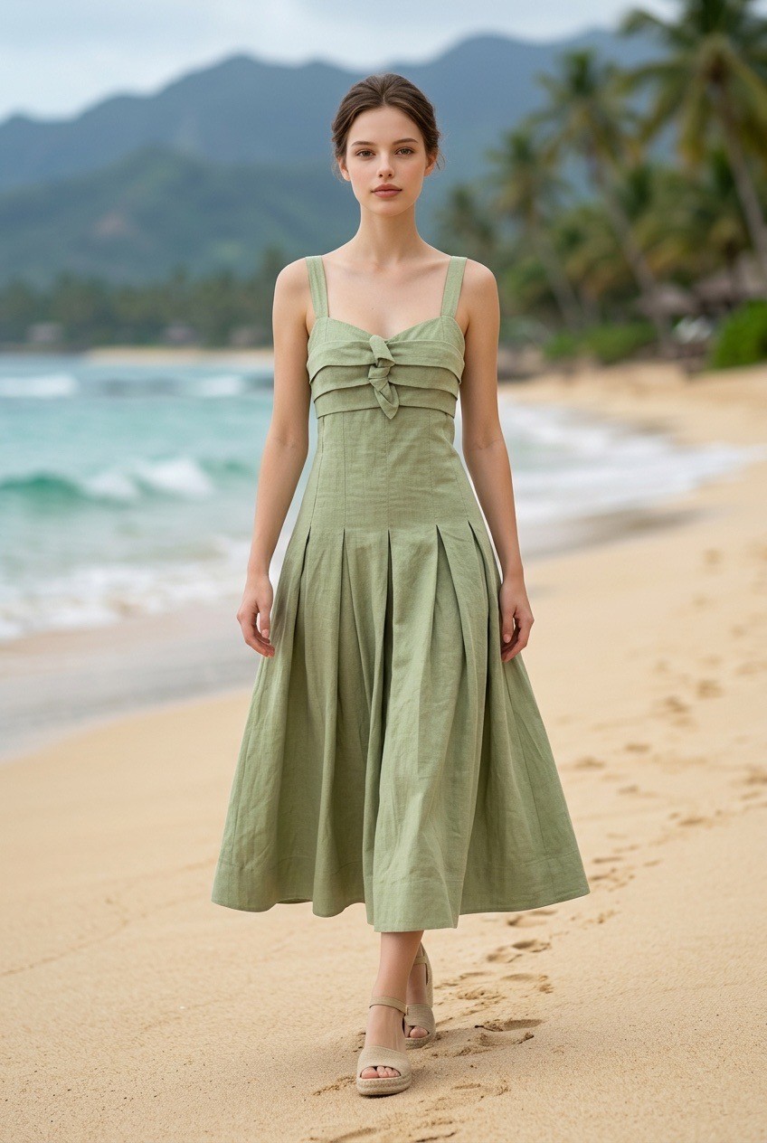 NWOT Moon River Sage Green Cotton Maxi Dress Smocked Back Tie Front Size S
