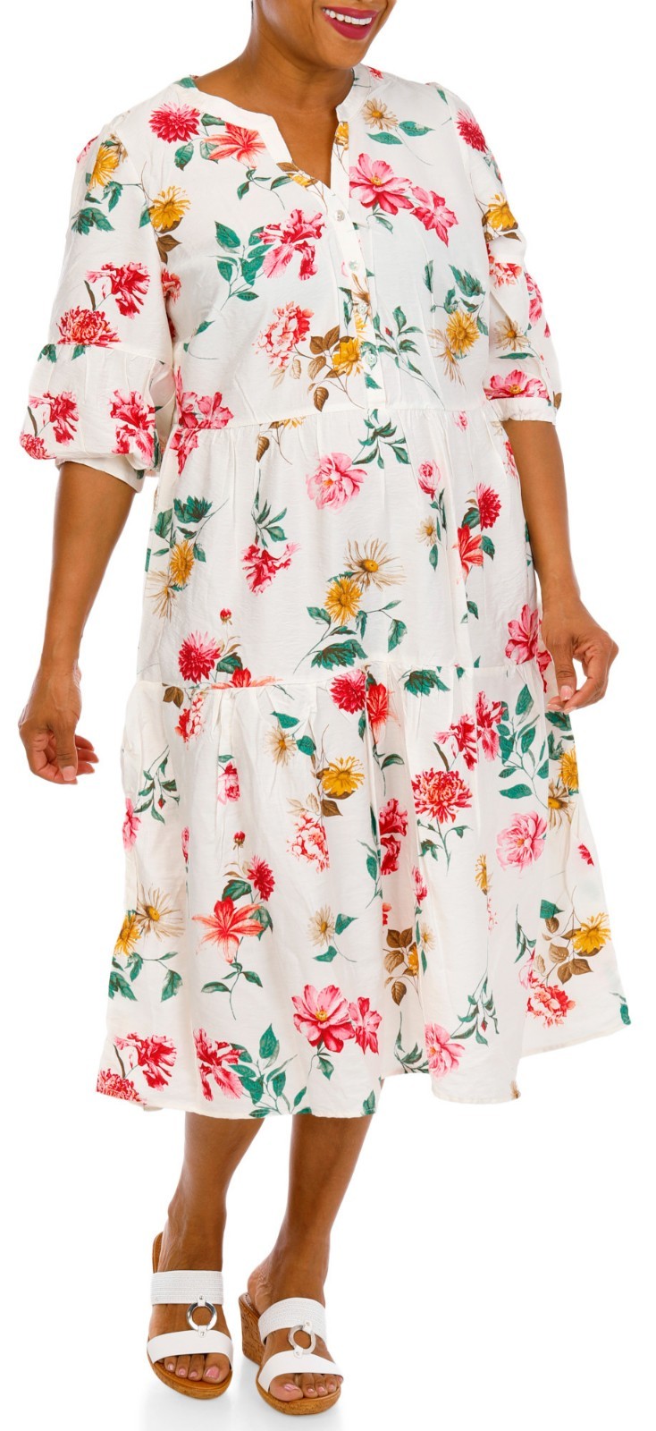 NWT Figueroa & Flower Ivory Tropical Floral Tiered Bohemian Midi Dress M, L, XL