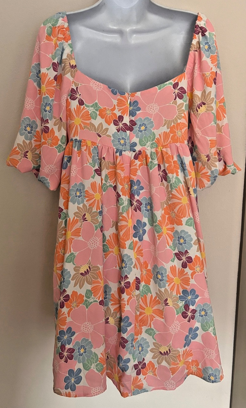 Mini Dress Pink Summer Floral Square Neck Babydoll Short Puff Sleeve Women’s Med