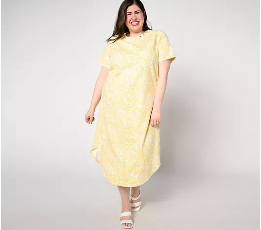 Sport Savvy T Shirt Dress Size Large Midi Yellow Abstract Print Short Sleeve