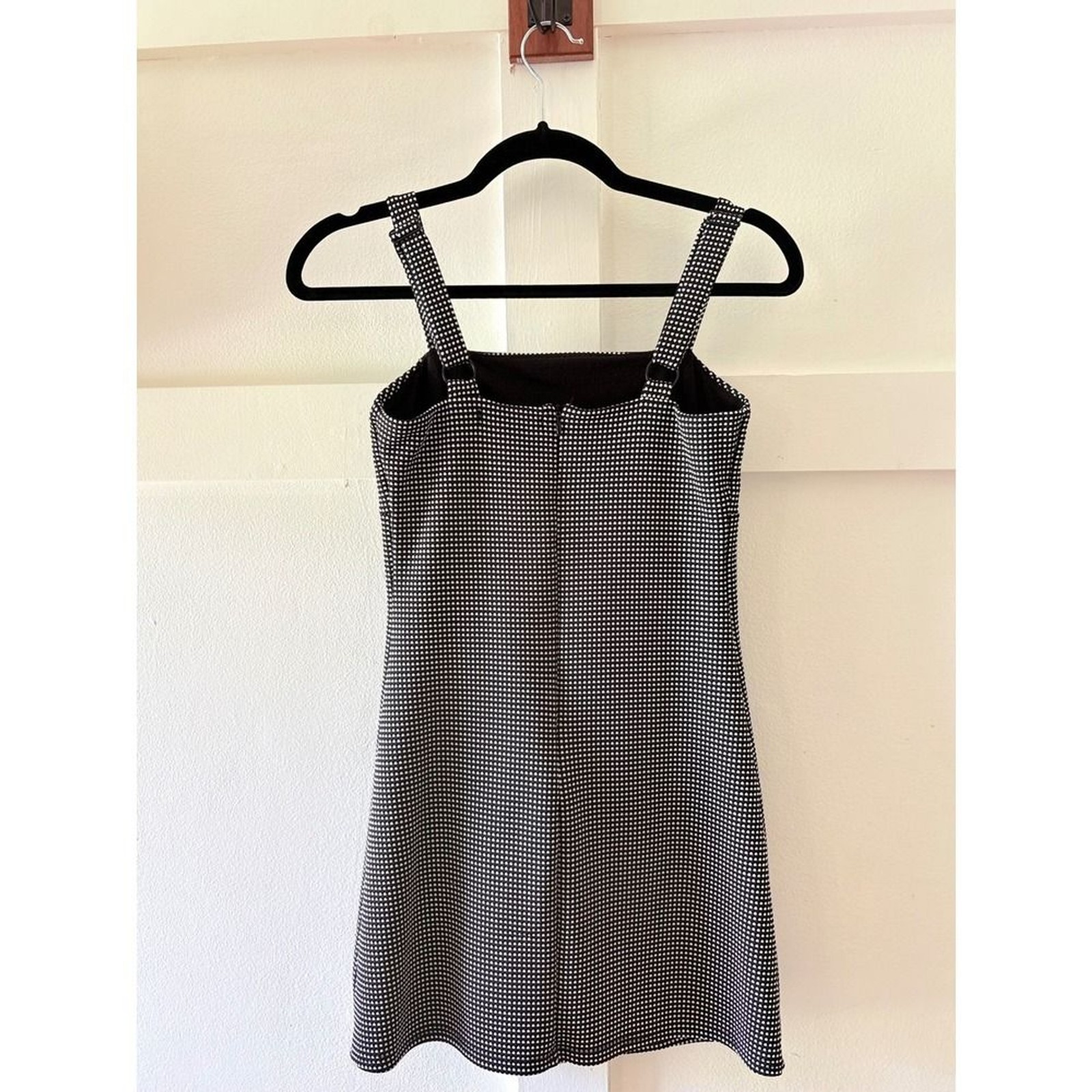 Black White Micro Check Square Neck Mini Dress Sleeveless Adjustable Straps