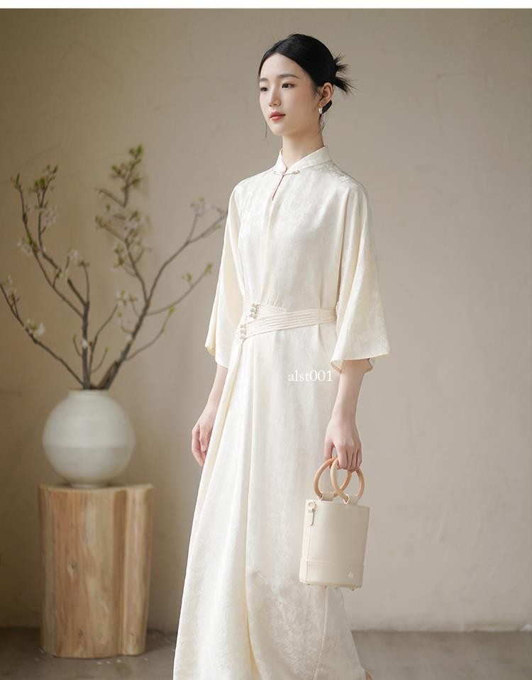 Retro Chinese Style Zen Design Womens Stand Collar 3/4 Sleeve Long Dresses Qipao